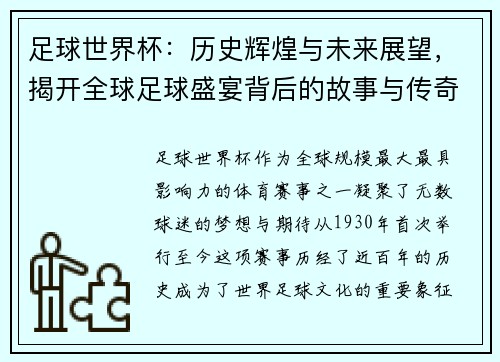 足球世界杯：历史辉煌与未来展望，揭开全球足球盛宴背后的故事与传奇